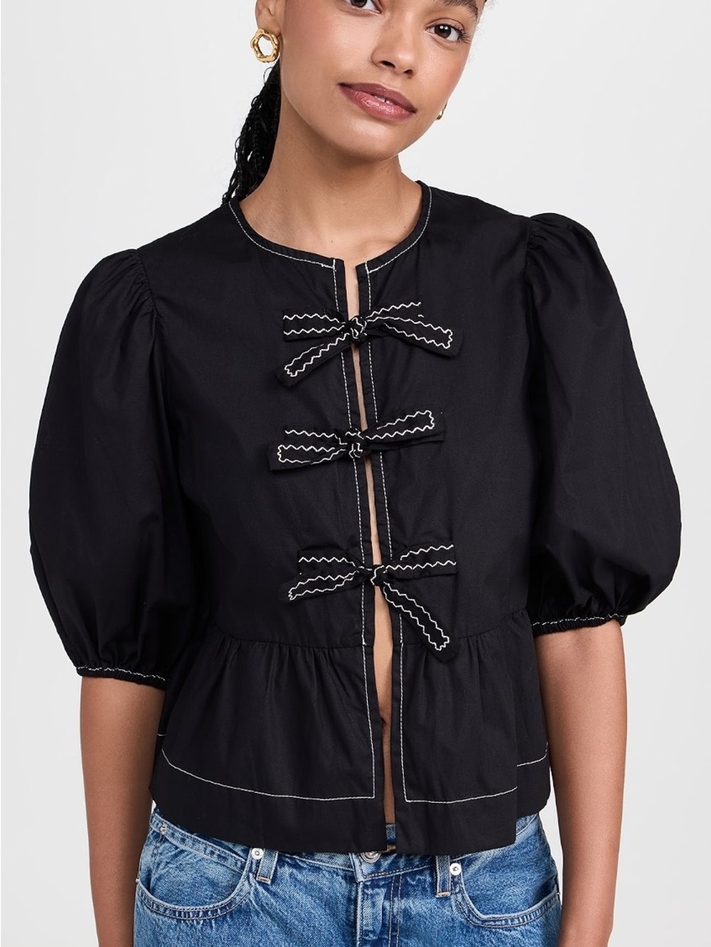 Moon River Black Puff-Sleeve Bow-Front Blouse